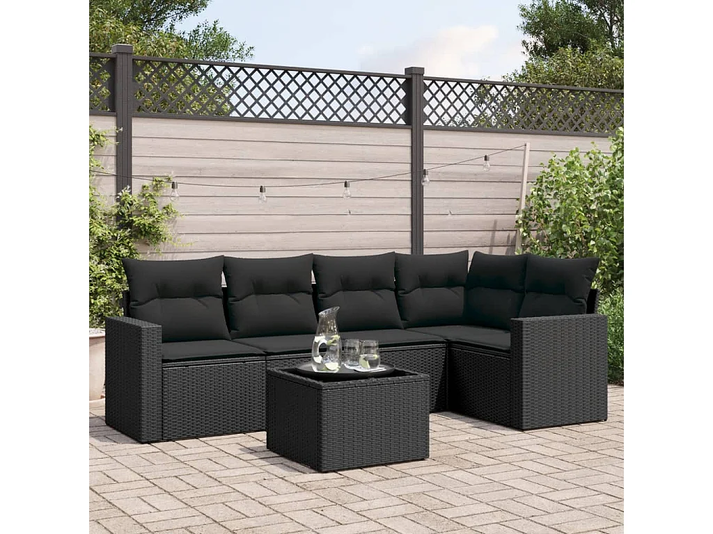 Set Divano da Giardino 6 pz con Cuscini Nero in Polyrattan