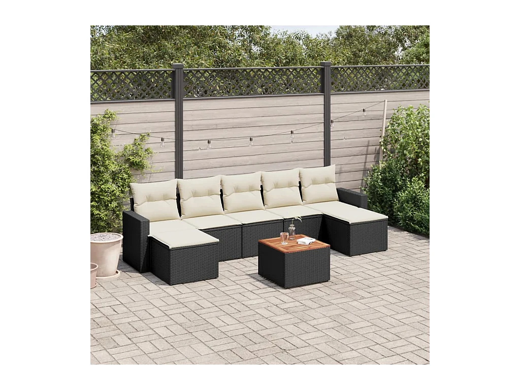 8-delige Loungeset met kussens poly rattan zwart
