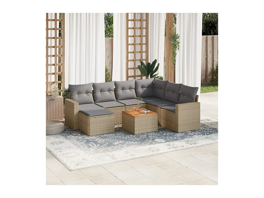 Salon de jardin avec coussins 8 pcs beige résine tressée