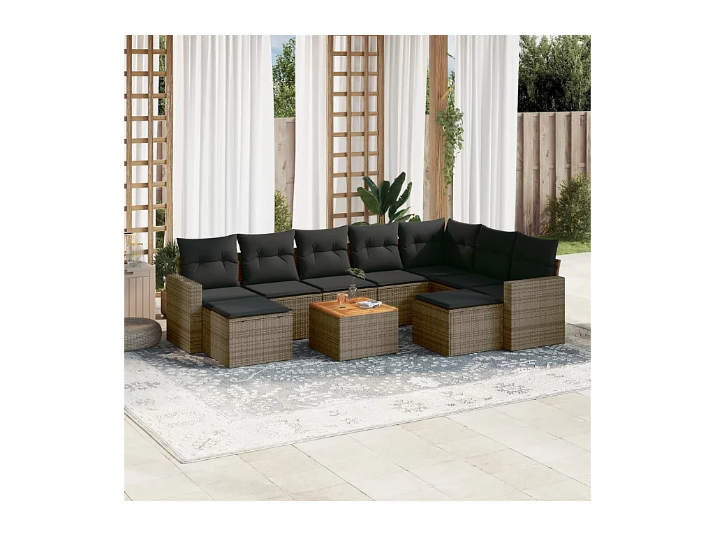 Salon de jardin avec coussins 10 pcs gris résine tressée