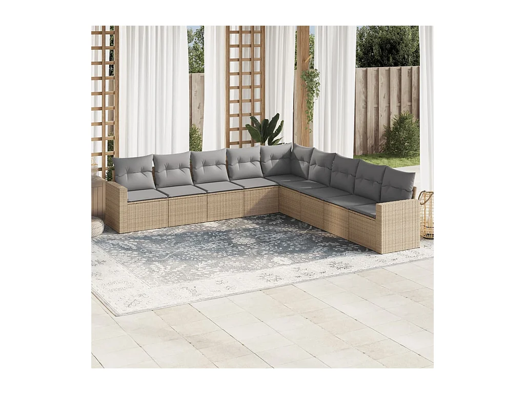 9-tlg. Garten-Sofagarnitur mit Kissen Beige Poly Rattan