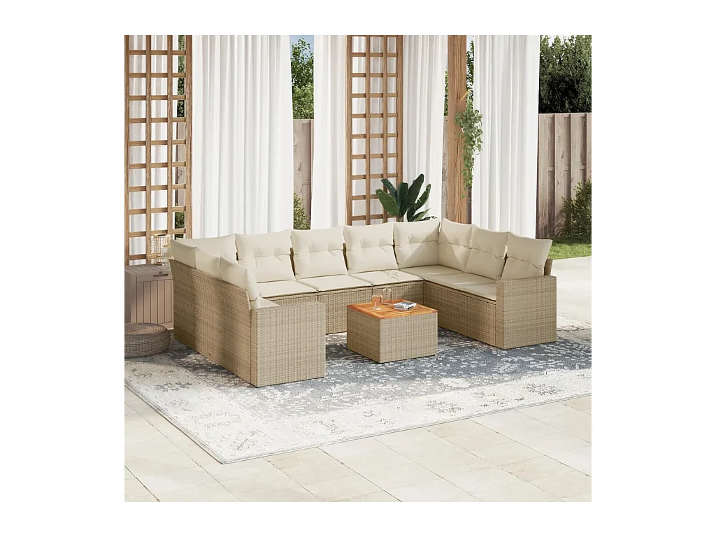 Salon de jardin avec coussins 10 pcs beige résine tressée