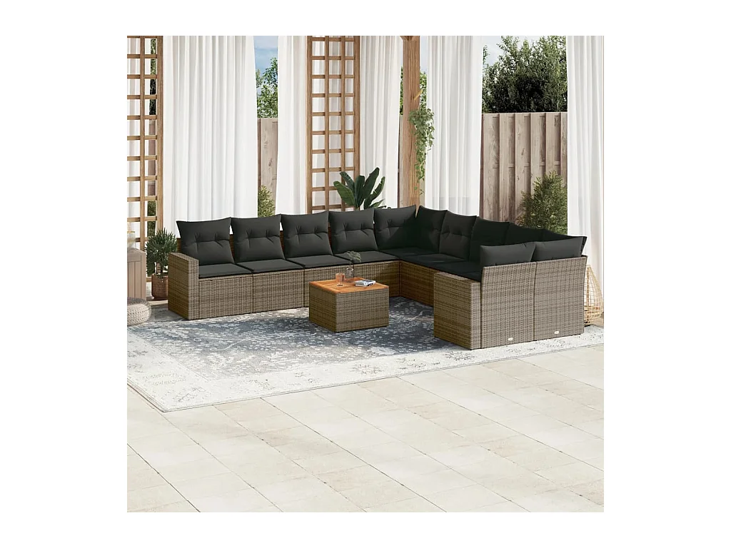 Set Divani da Giardino 11 pz con Cuscini in Polyrattan Grigio