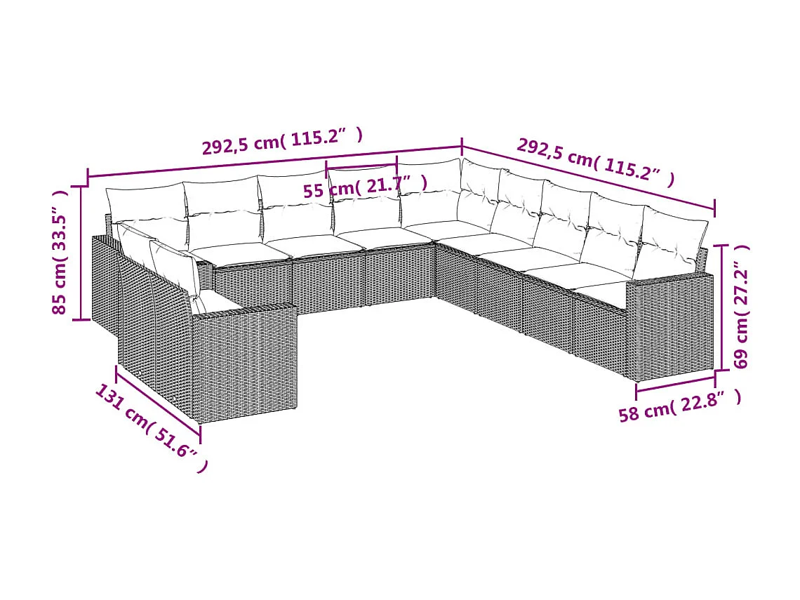 Set Divani da Giardino 11 pz con Cuscini Beige in Polyrattan