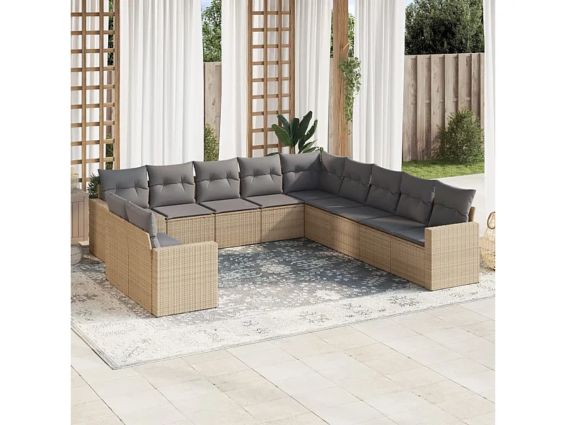 Set Divani da Giardino 11 pz con Cuscini Beige in Polyrattan