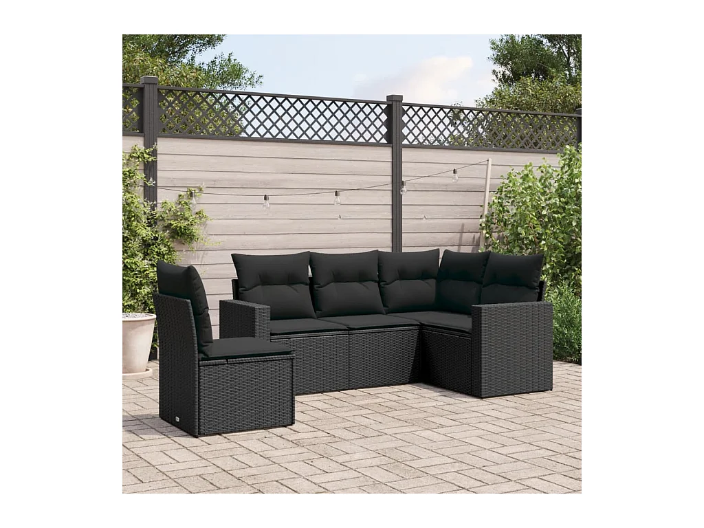Salon de jardin 5 pcs avec coussins noir résine tressée