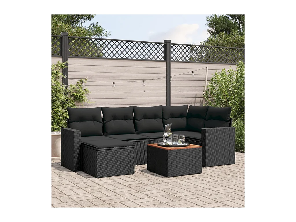 Salon de jardin 7 pcs avec coussins noir résine tressée