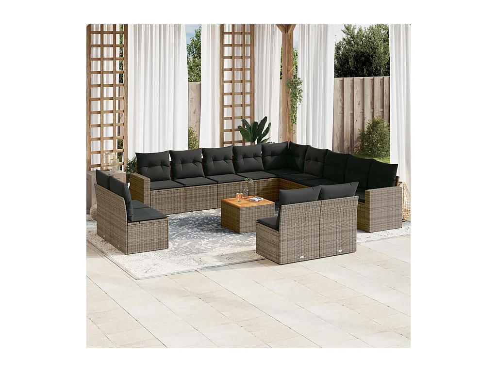 14-tlg. Garten-Sofagarnitur mit Kissen Grau Poly Rattan