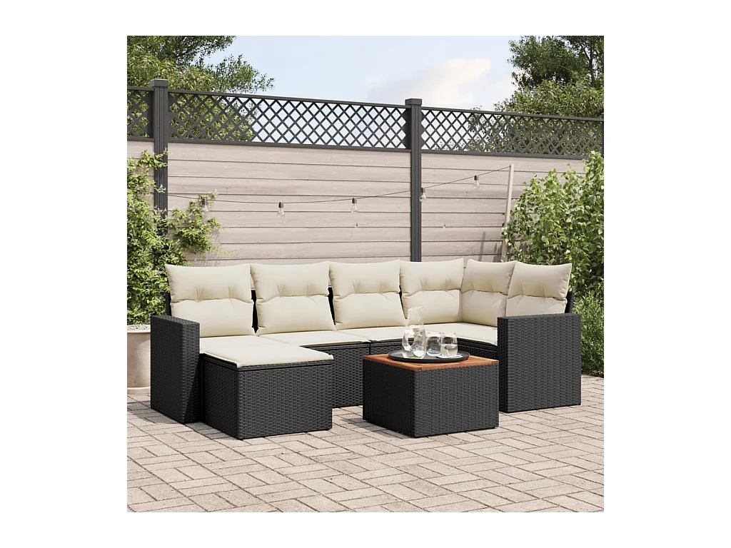 Salon de jardin 7 pcs avec coussins noir résine tressée