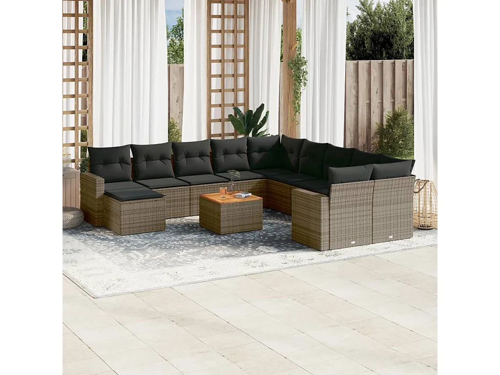 Salon de jardin avec coussins 12 pcs gris résine tressée