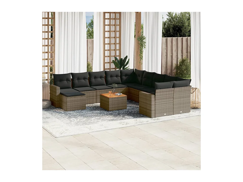 12-tlg. Garten-Sofagarnitur mit Kissen Grau Poly Rattan
