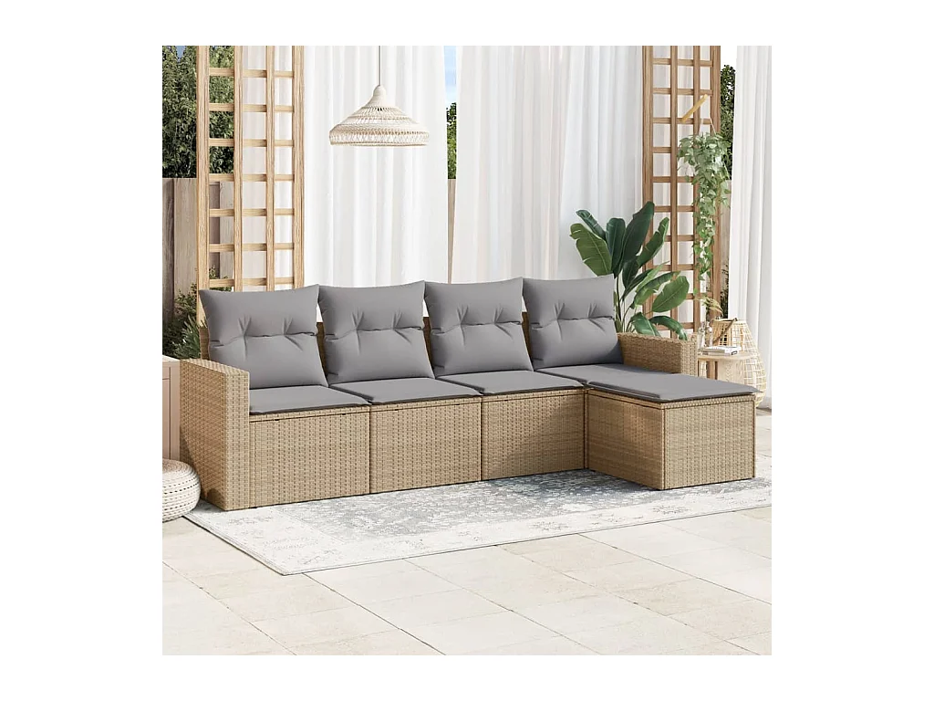 Set Divano da Giardino 5 pz con Cuscini Beige in Polyrattan