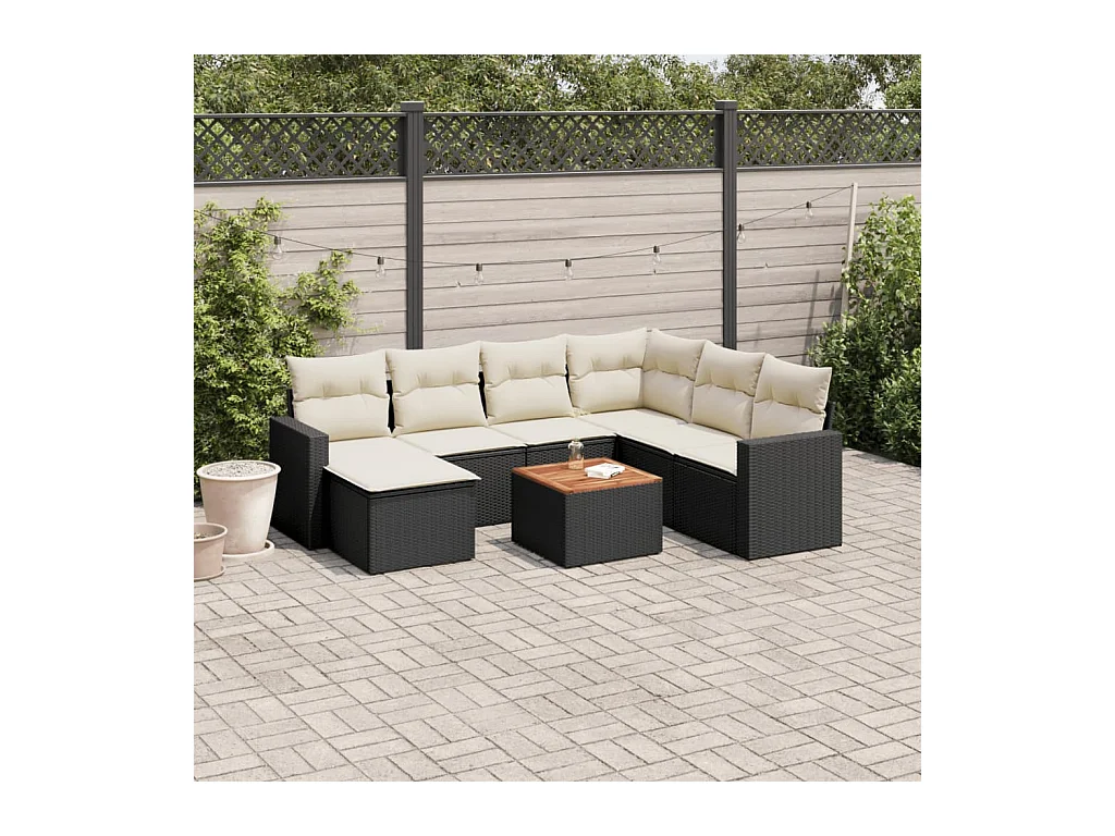 8-delige Loungeset met kussens poly rattan zwart