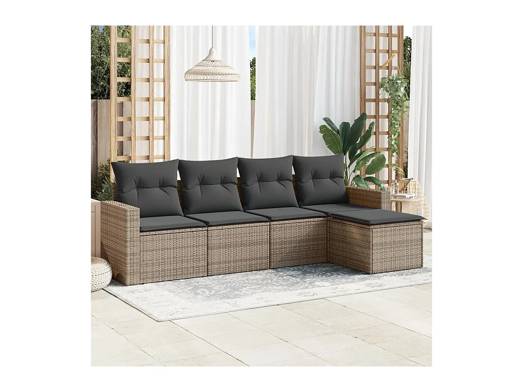 Set Divano da Giardino 5 pz con Cuscini Grigio in Polyrattan