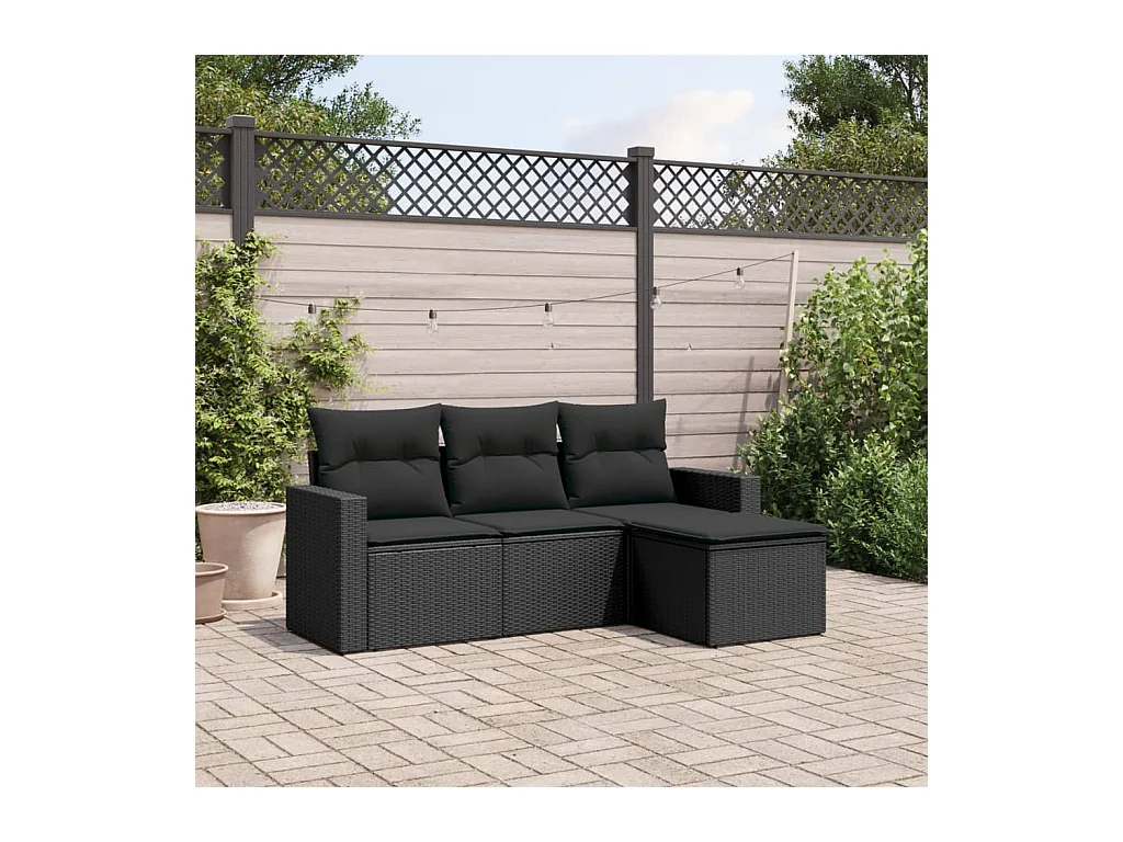 Salon de jardin 4 pcs avec coussins noir résine tressée