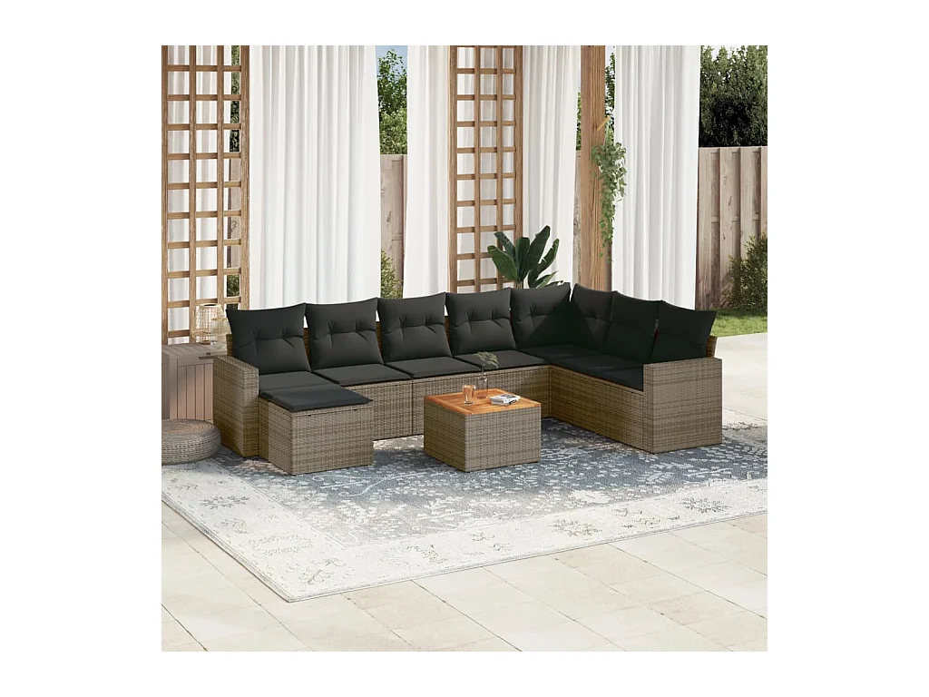 9-tlg. Garten-Sofagarnitur mit Kissen Grau Poly Rattan