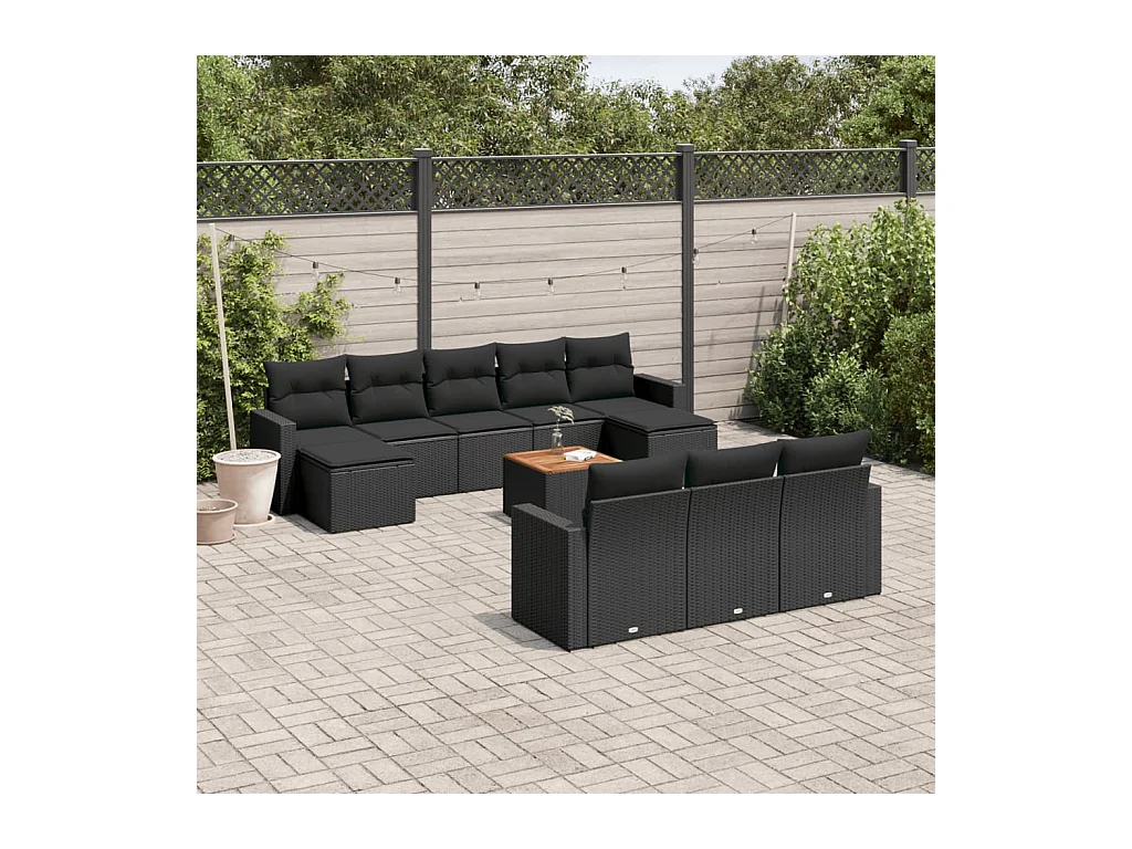 11-delige Loungeset met kussens poly rattan zwart