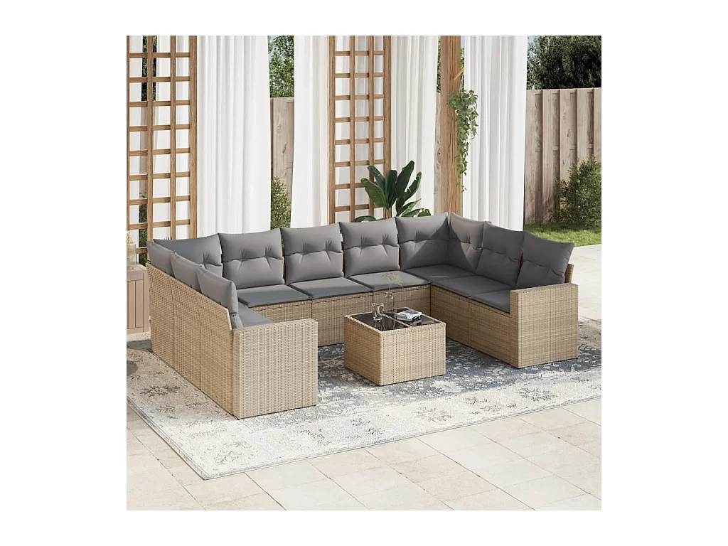 10-tlg. Garten-Sofagarnitur mit Kissen Beige Poly Rattan