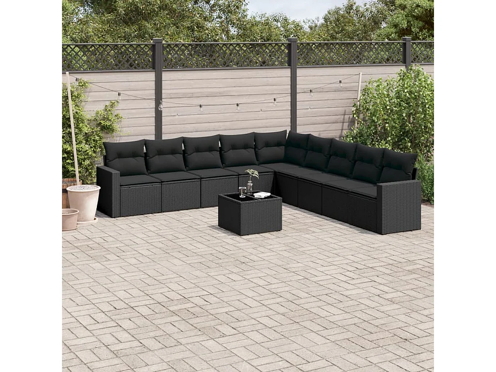 10-tlg. Garten-Sofagarnitur mit Kissen Schwarz Poly Rattan