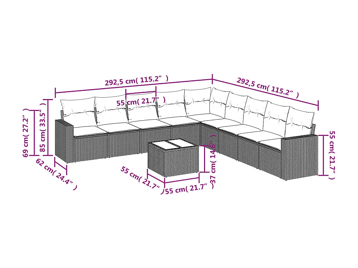 10-tlg. Garten-Sofagarnitur mit Kissen Schwarz Poly Rattan