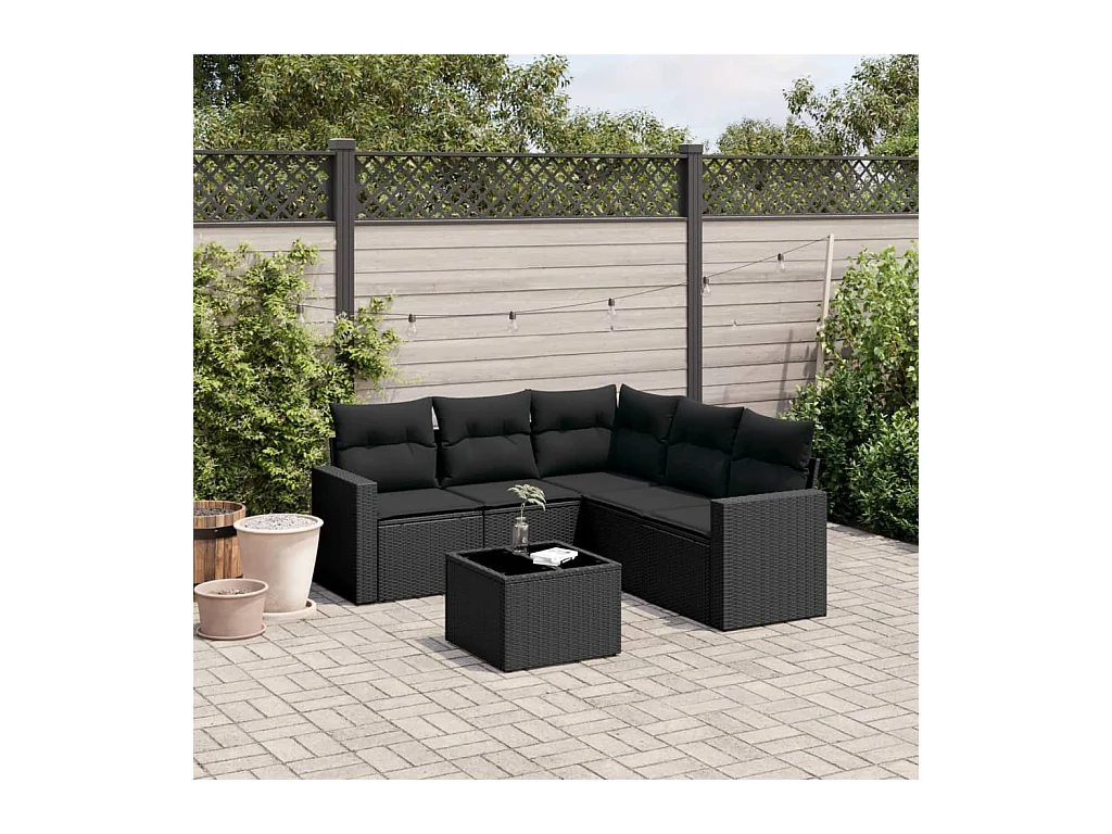 Set Divano da Giardino 6 pz con Cuscini Nero in Polyrattan