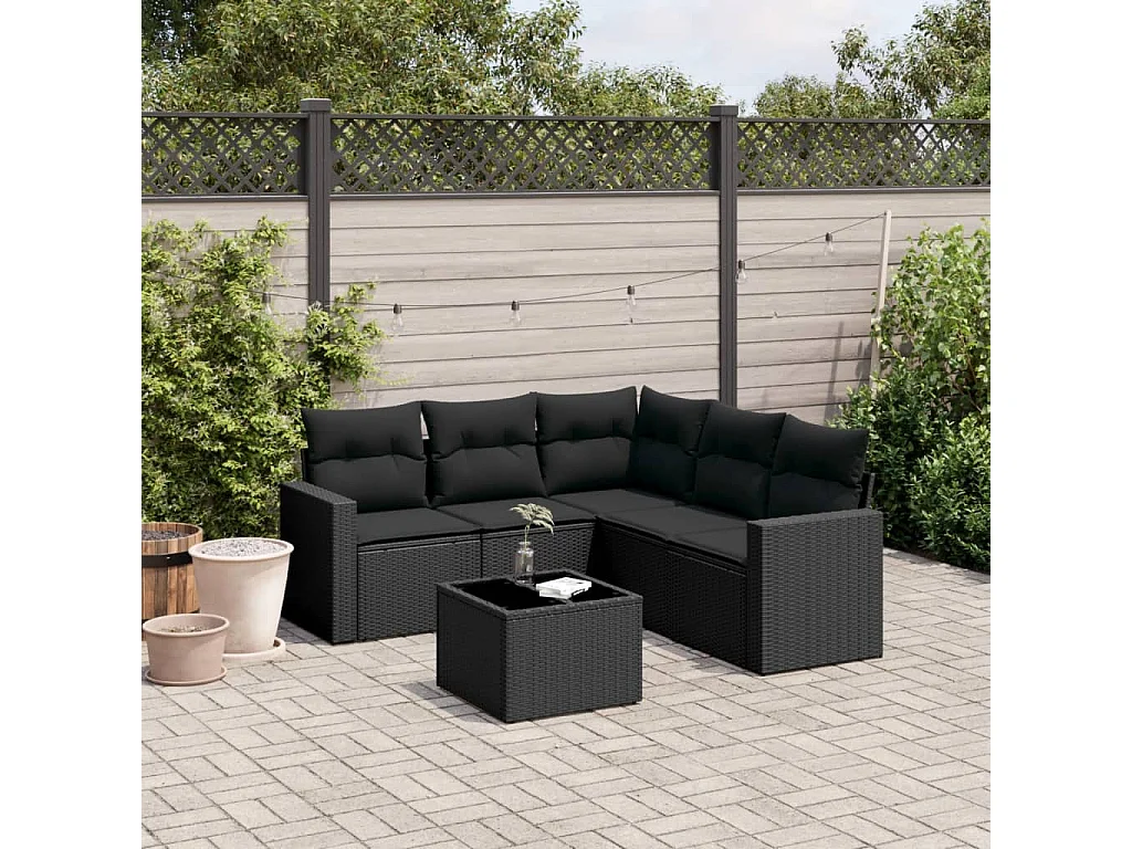 Salon de jardin 6 pcs avec coussins noir résine tressée