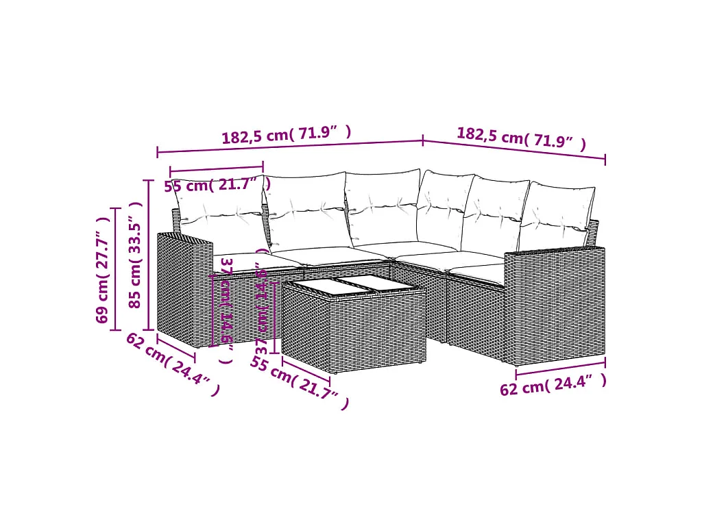 Salon de jardin 6 pcs avec coussins noir résine tressée