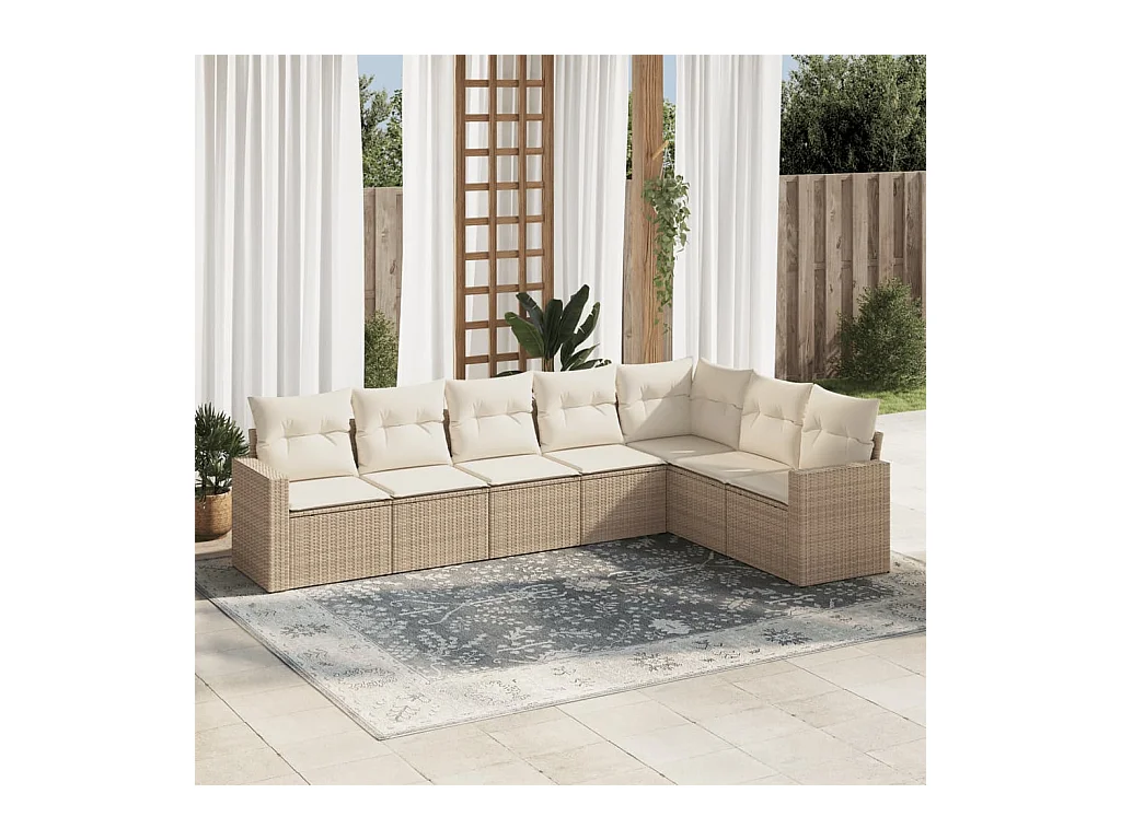 7-delige Loungeset met kussens poly rattan beige