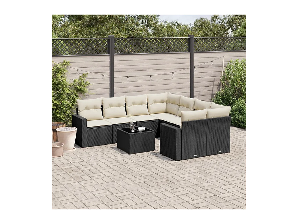 Salon de jardin 9 pcs avec coussins noir résine tressée