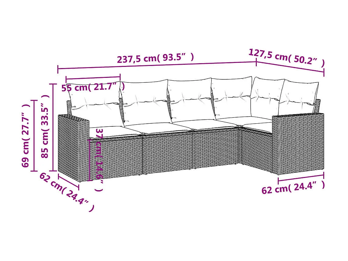 5-delige Loungeset met kussens poly rattan zwart