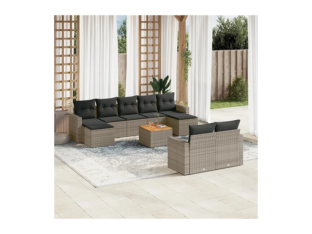 Salon de jardin avec coussins 10 pcs gris résine tressée