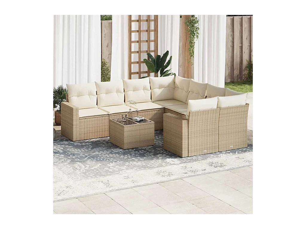 Set Divano da Giardino 9 pz con Cuscini Beige in Polyrattan