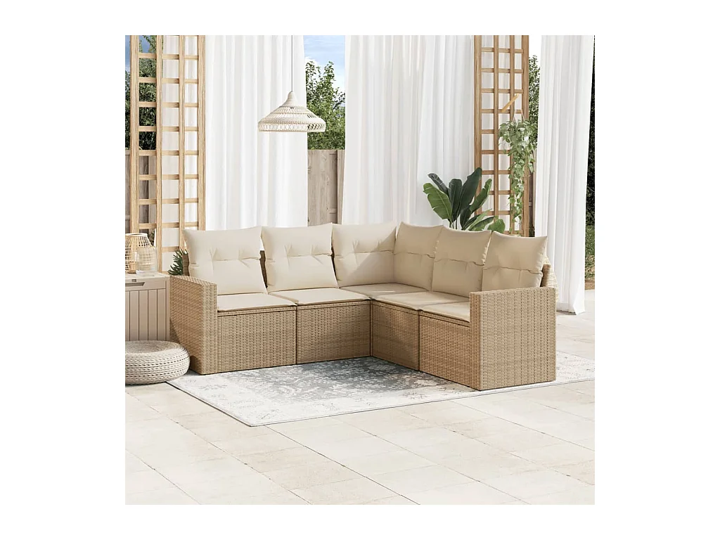 Set Divano da Giardino 5 pz con Cuscini Beige in Polyrattan