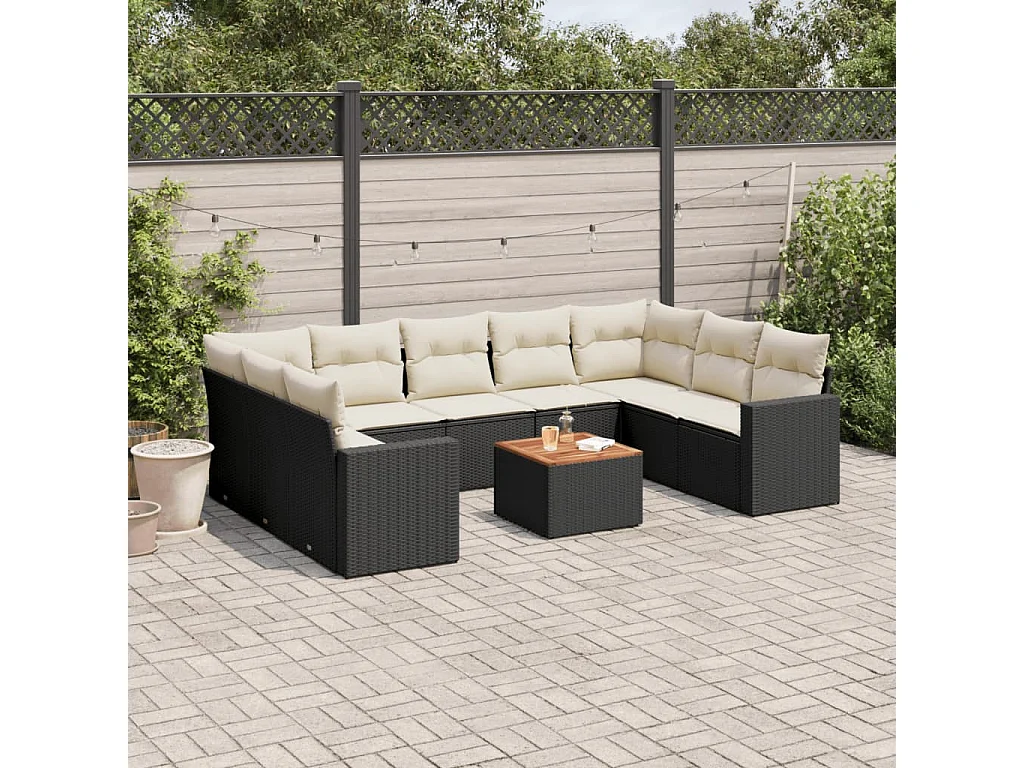 10-delige Loungeset met kussens poly rattan zwart