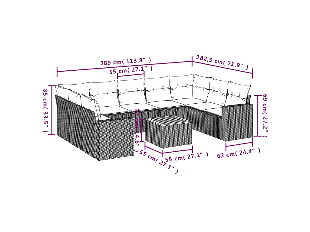 10-delige Loungeset met kussens poly rattan zwart