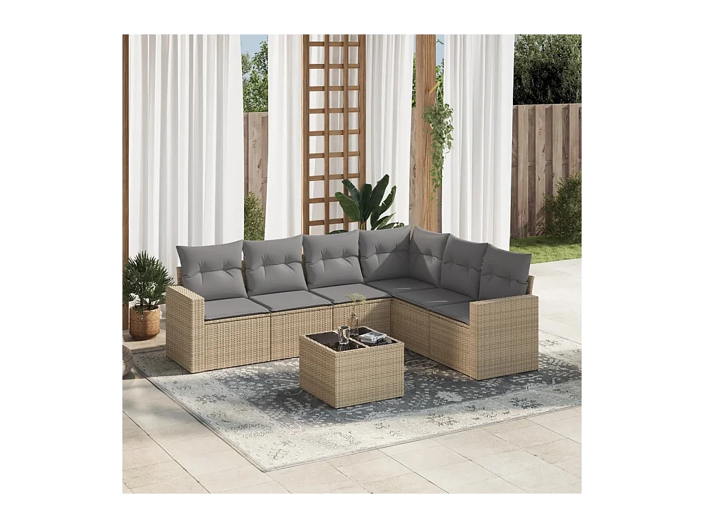 Salon de jardin avec coussins 7 pcs beige résine tressée
