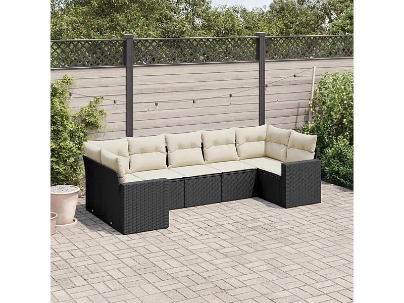 7-tlg. Garten-Sofagarnitur mit Kissen Schwarz Poly Rattan