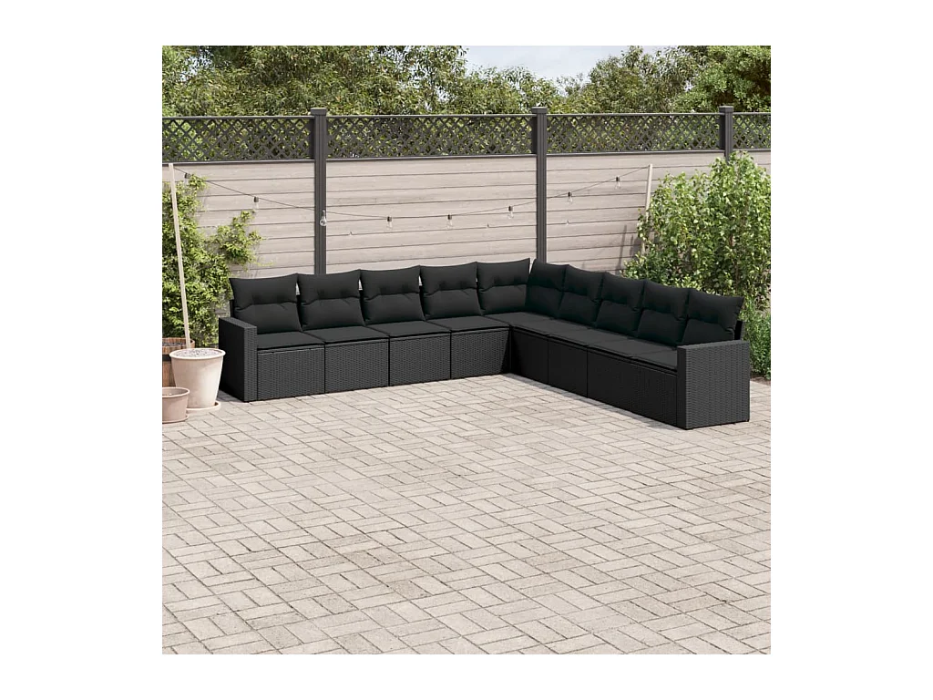 9-delige Loungeset met kussens poly rattan zwart