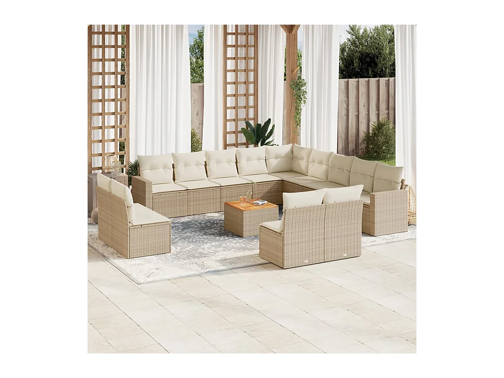 Salon de jardin avec coussins 14 pcs beige résine tressée
