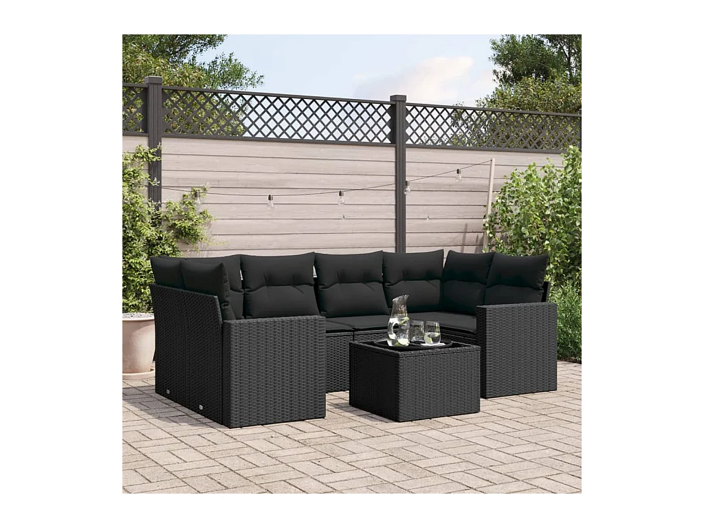 Salon de jardin 7 pcs avec coussins noir résine tressée