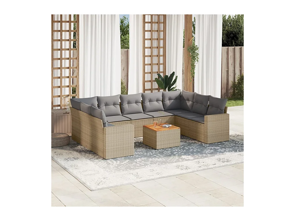Set Divano da Giardino 10 pz con Cuscini Beige in Polyrattan