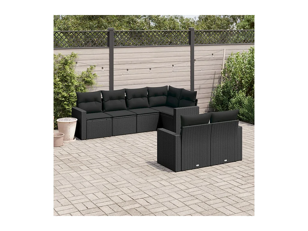 7-delige Loungeset met kussens poly rattan zwart