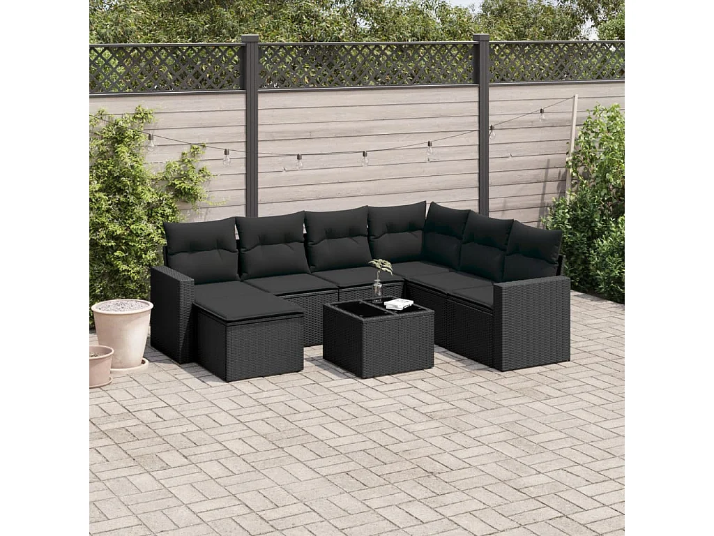 Salon de jardin 8 pcs avec coussins noir résine tressée