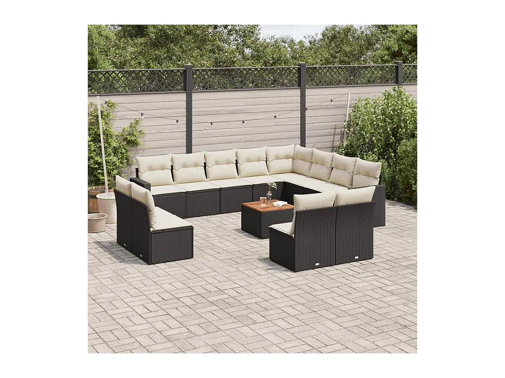 Salon de jardin avec coussins 13 pcs noir résine tressée