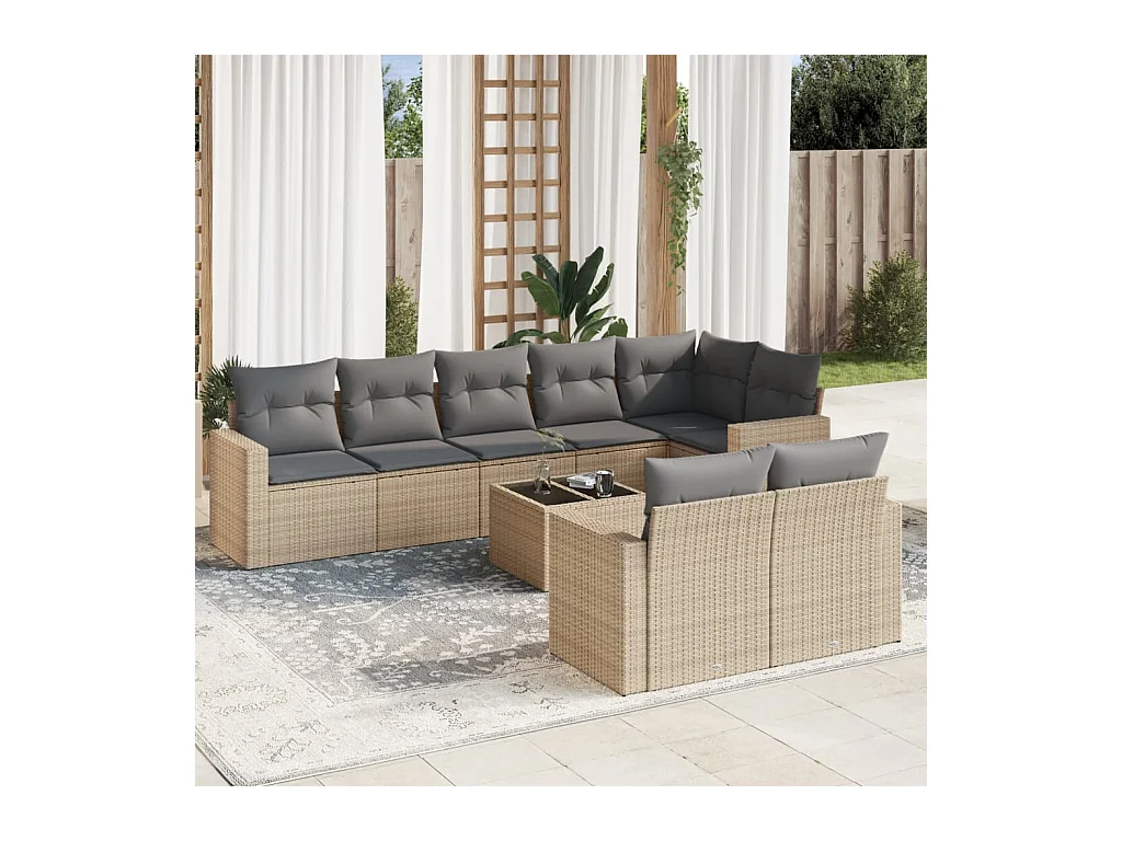 Set de sofás de jardín 9 pzas con cojines ratán sintético beige