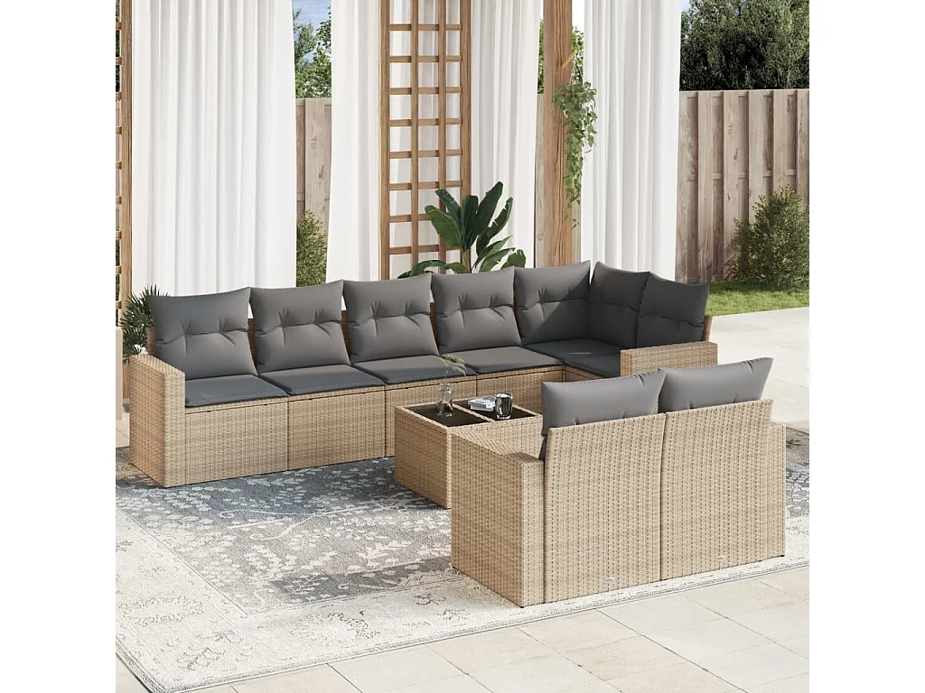 Set Divano da Giardino 9 pz con Cuscini Beige in Polyrattan