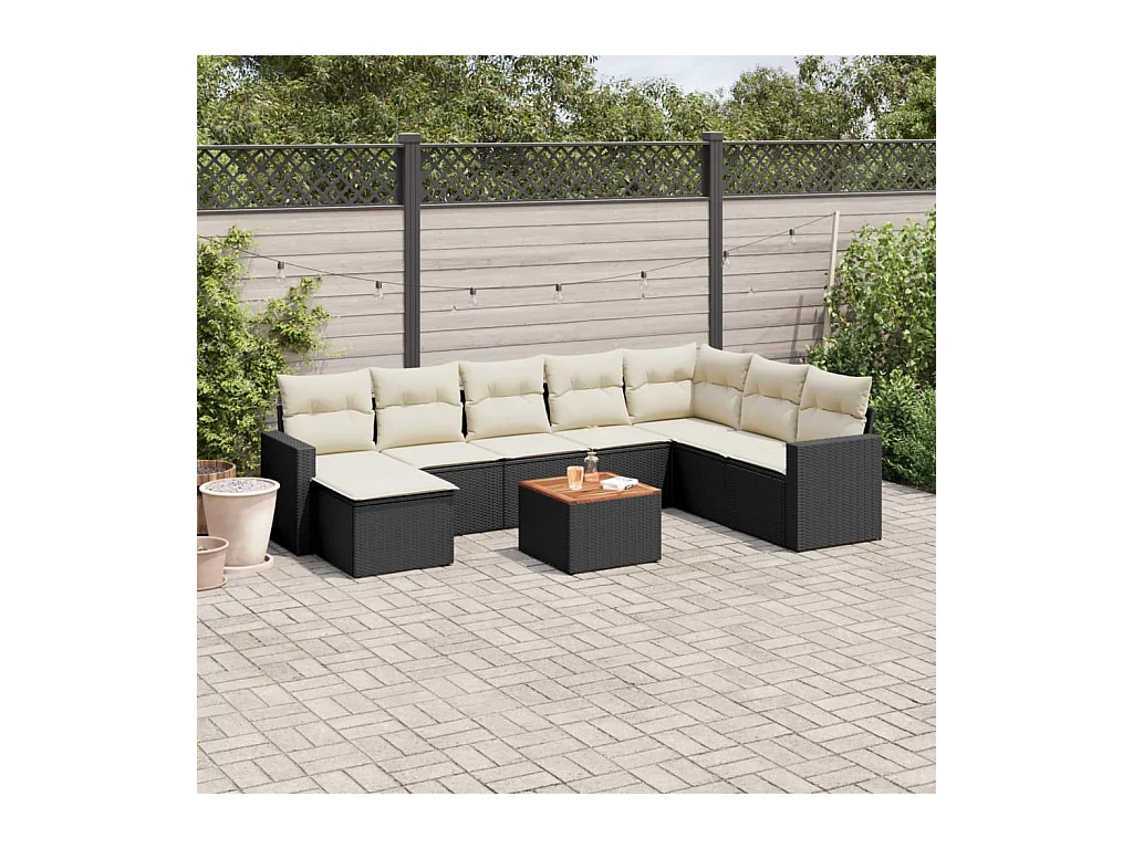 Set Divani da Giardino 9 pz con Cuscini Nero in Polyrattan