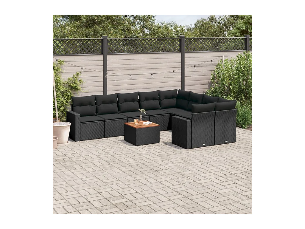 Salon de jardin 10 pcs avec coussins noir résine tressée