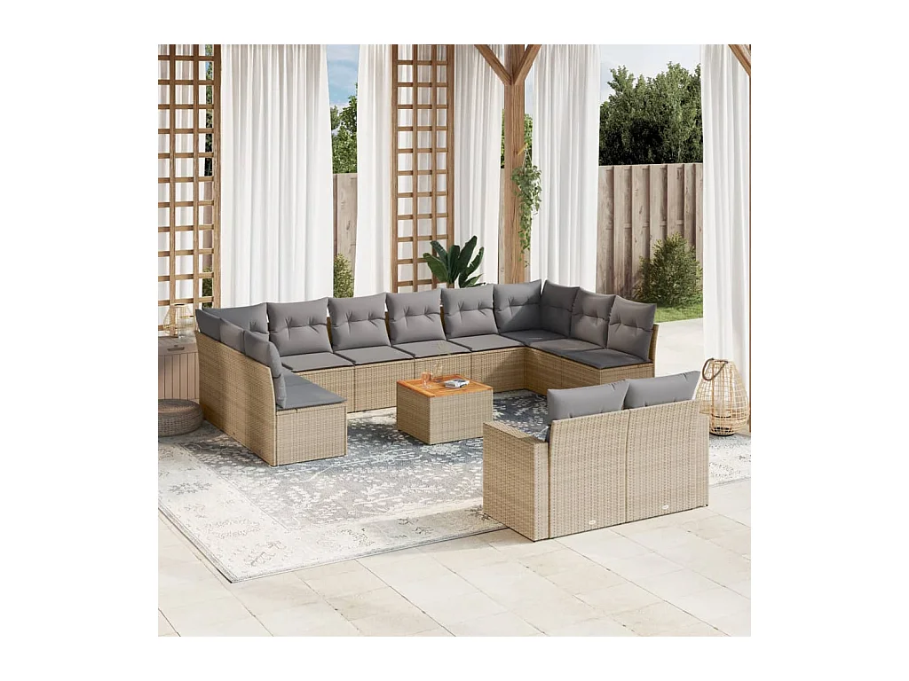 Set Divano da Giardino 13 pz con Cuscini Beige in Polyrattan