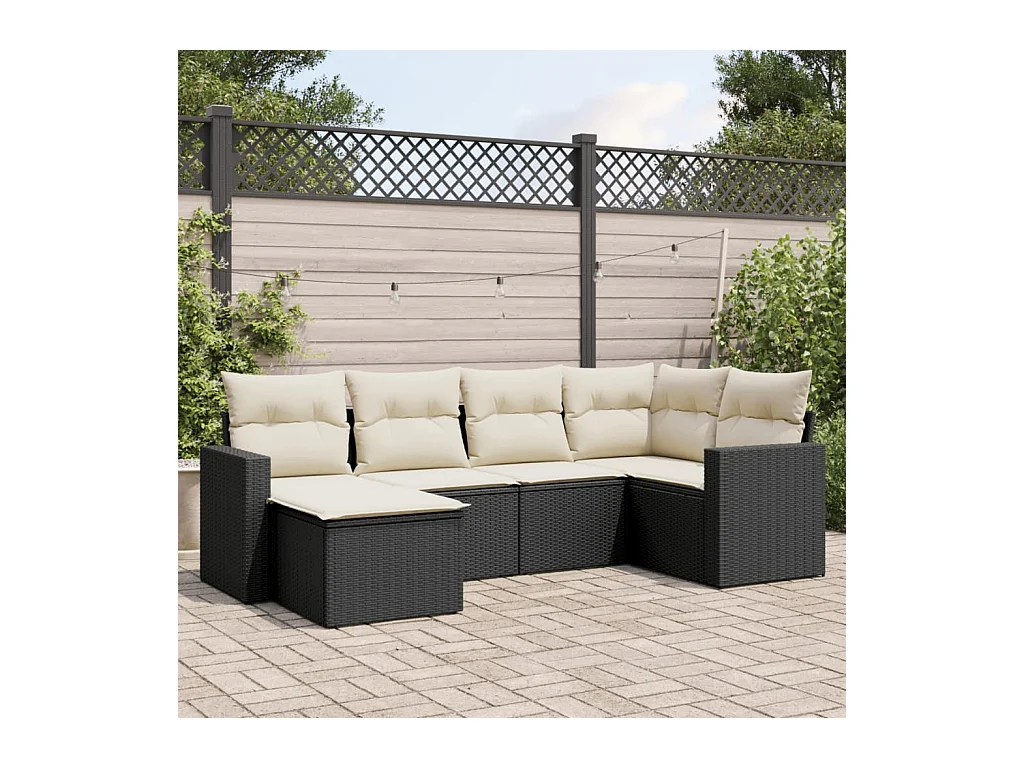 Set de sofás de jardín 6 piezas y cojines ratán sintético negro